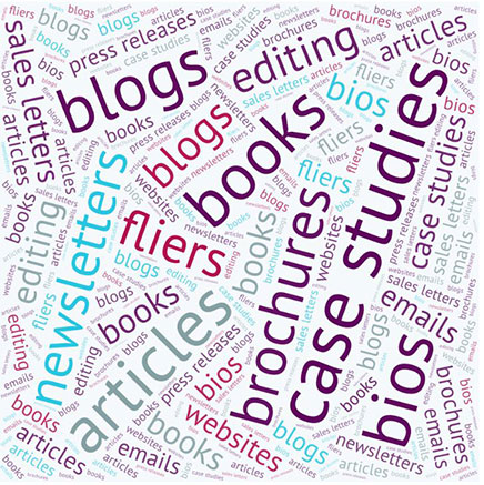 Word cloud listing variety of types of writing in Linda Coss’ portfolio, including blogs, books, articles and case studies.